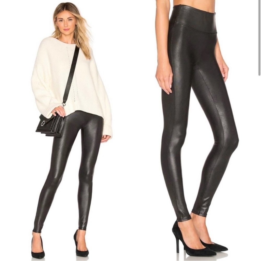 Spanx Best Selling Black Faux Leather Leggings in Petite Medium